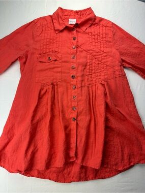 CP Shades 100% Linen Tunic Shirt Red Lagenlook Boho Coastal Oversized Summer L